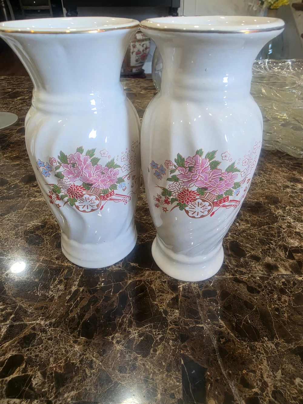 Source Unknown White Porcelain Vases with Pink Floral Cartwheel Motif